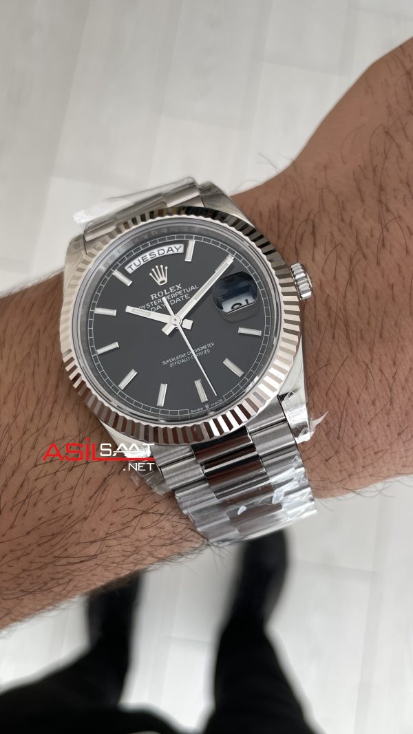 Rolex Day Date Siyah Kadran 228239 Bright Black Dial 40mm President DD3255 Tungsten VS Factory V2 High 183gr Weight Super Clone Swiss ETA Saat