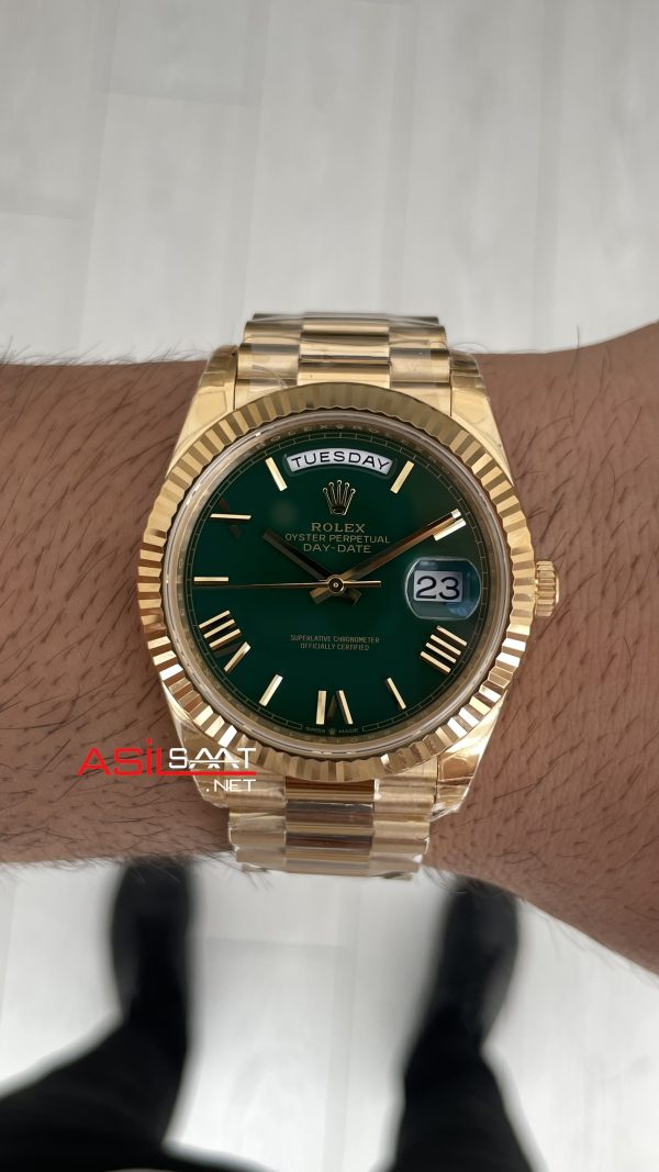Rolex Day Date Yeşil 228238 Green Dial 40mm President DD3255 Gold Tungsten VS Factory V2 Super Clone Swiss ETA Saat
