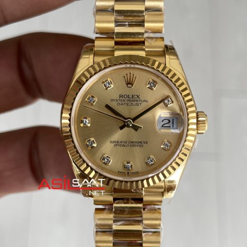 Rolex Datejust Champagne Diamond Dial 279178 President 31mm Lady Pırlantalı Şampanya Kadran Gold Swiss ETA Saat GS Factory