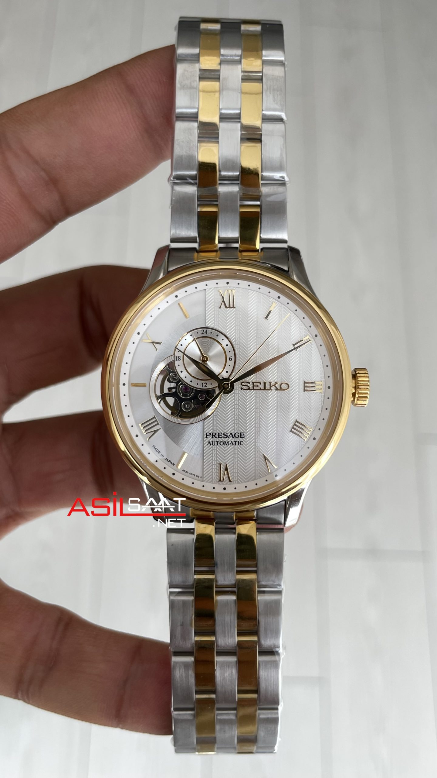 Seiko Presage Open Heart 40mm Beyaz Romen Kadran 4R39 Two Tone Gold