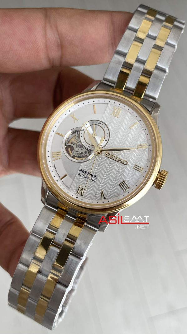 Seiko Presage Open Heart 40mm Beyaz Romen Kadran 4R39 Two Tone Gold