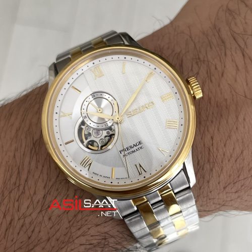 Seiko Presage Open Heart 40mm Beyaz Romen Kadran 4R39 Two Tone Gold