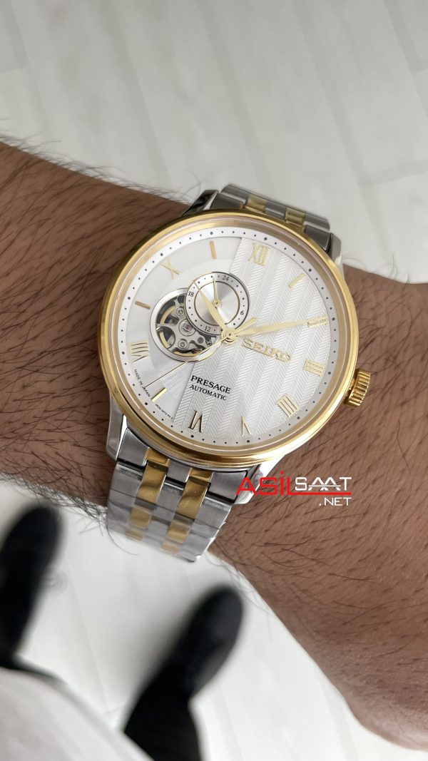 Seiko Presage Open Heart 40mm Beyaz Romen Kadran 4R39 Two Tone Gold