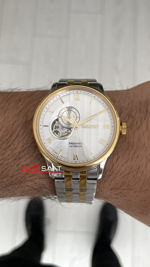Seiko Presage Open Heart 40mm Beyaz Romen Kadran 4R39 Two Tone Gold