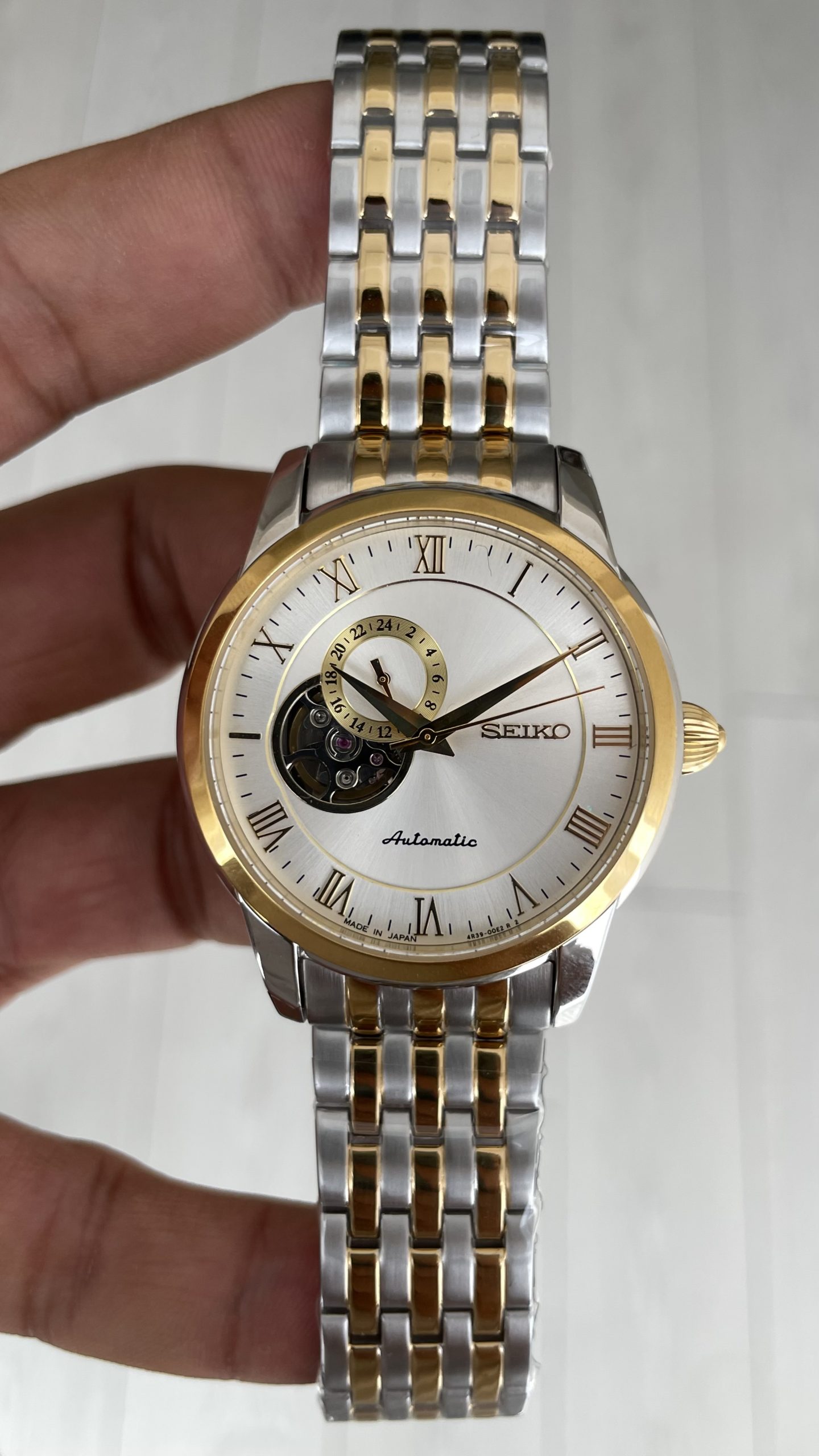 Seiko Presage Open Heart Vintage 40mm Beyaz Romen Kadran 4R39 Two Tone Gold