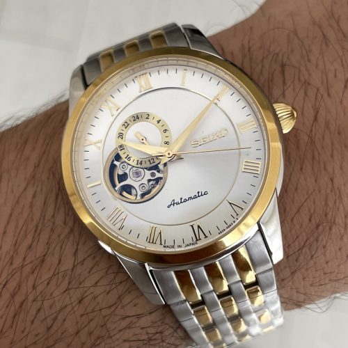 Seiko Presage Open Heart Vintage 40mm Beyaz Romen Kadran 4R39 Two Tone Gold