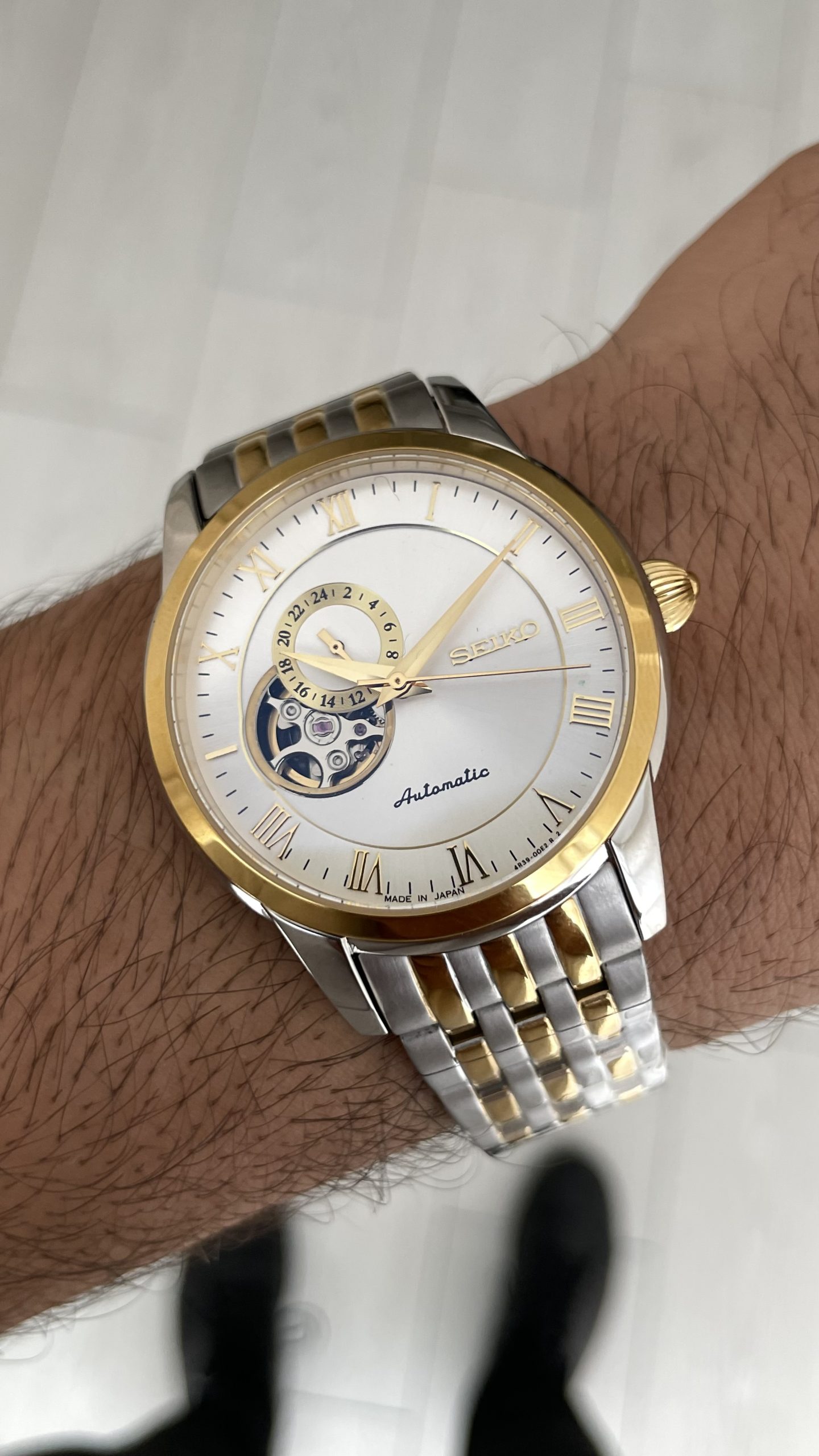 Seiko Presage Open Heart Vintage 40mm Beyaz Romen Kadran 4R39 Two Tone Gold