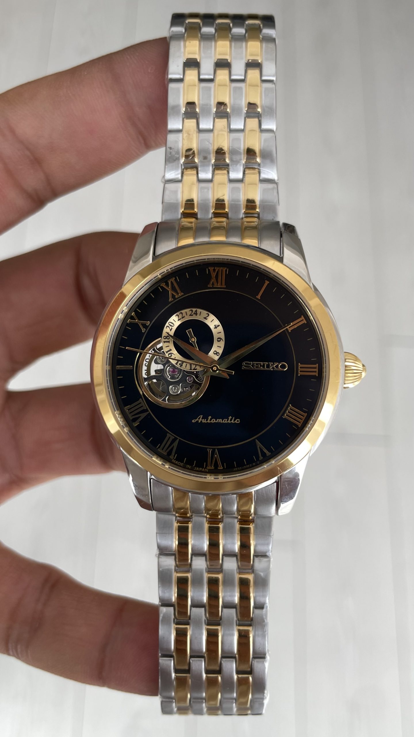 Seiko Presage Open Heart Vintage 40mm Siyah Romen Kadran 4R39 Two Tone Gold