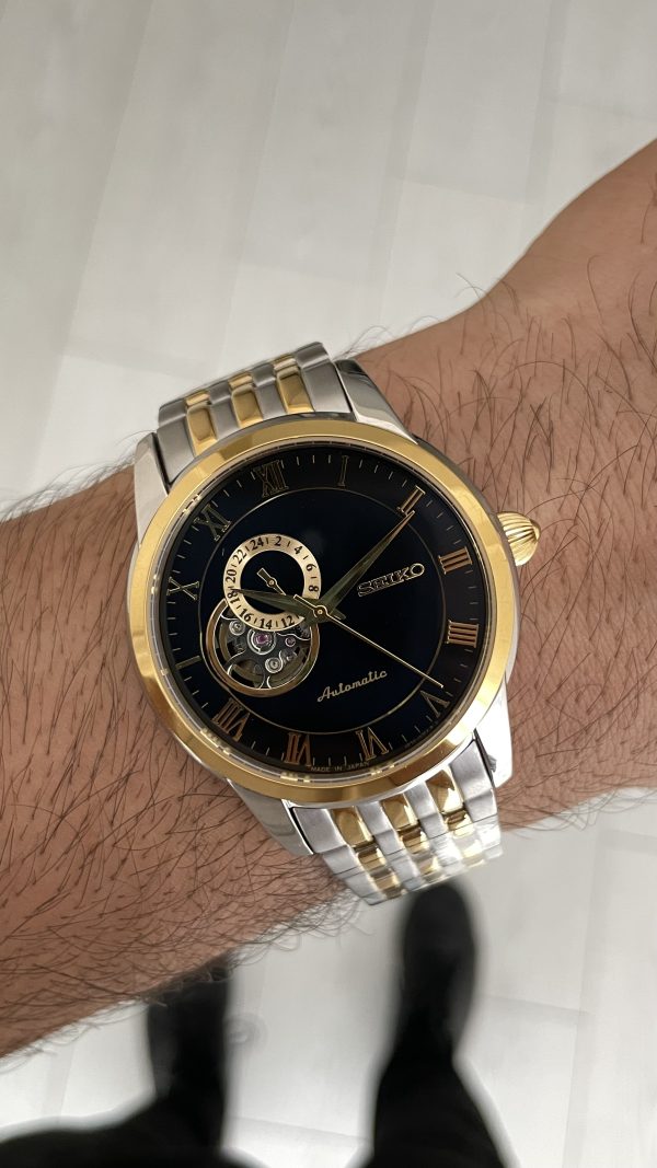 Seiko Presage Open Heart Vintage 40mm Siyah Romen Kadran 4R39 Two Tone Gold