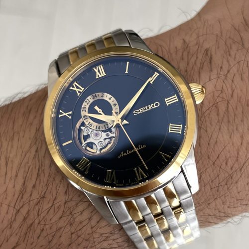Seiko Presage Open Heart Vintage 40mm Siyah Romen Kadran 4R39 Two Tone Gold