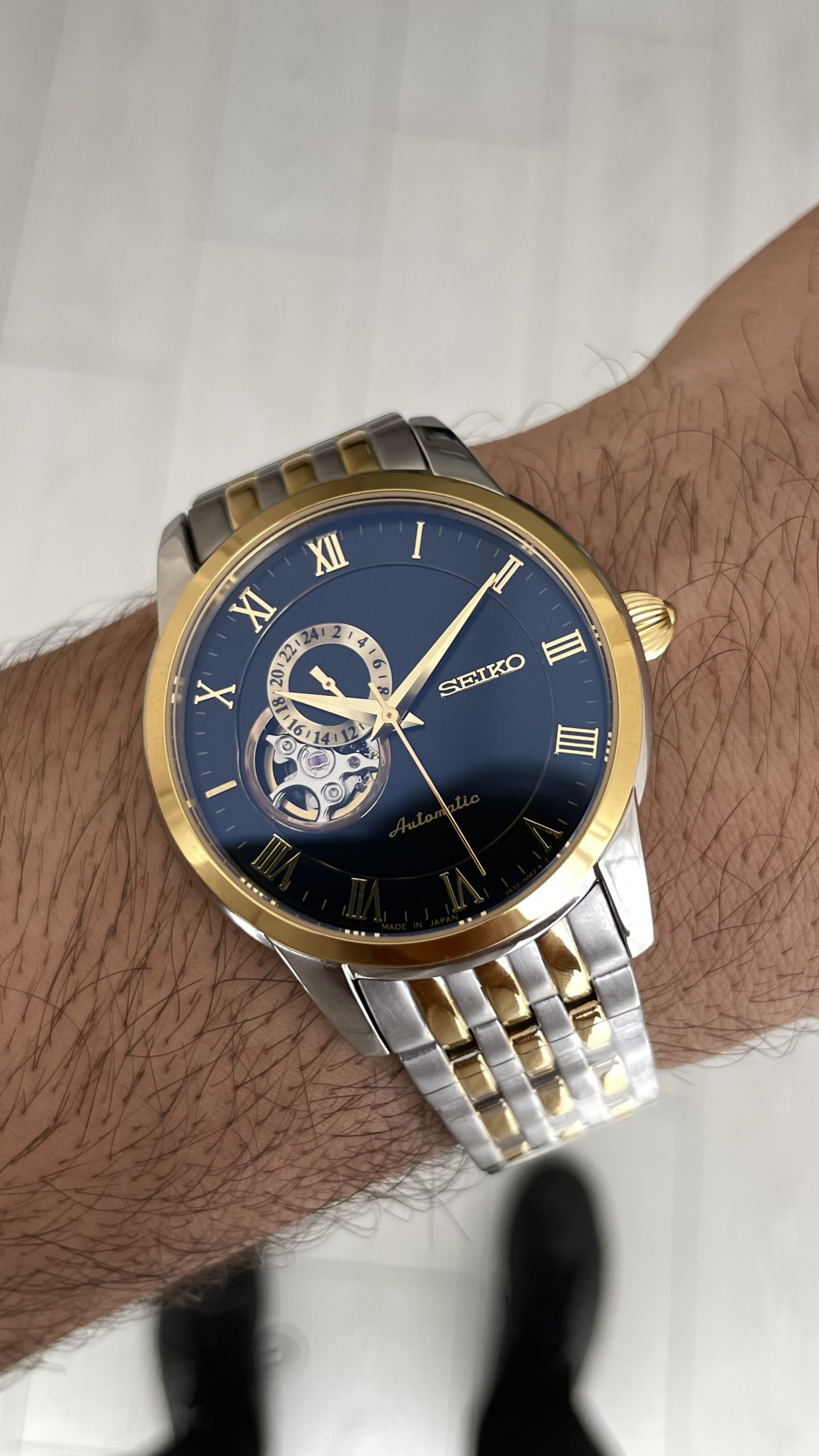 Seiko Presage Open Heart Vintage 40mm Siyah Romen Kadran 4R39 Two Tone Gold