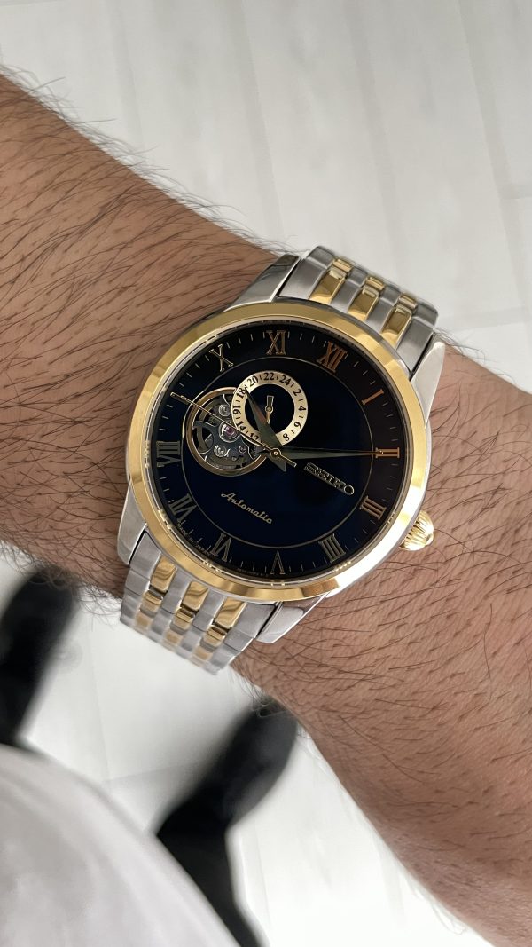 Seiko Presage Open Heart Vintage 40mm Siyah Romen Kadran 4R39 Two Tone Gold