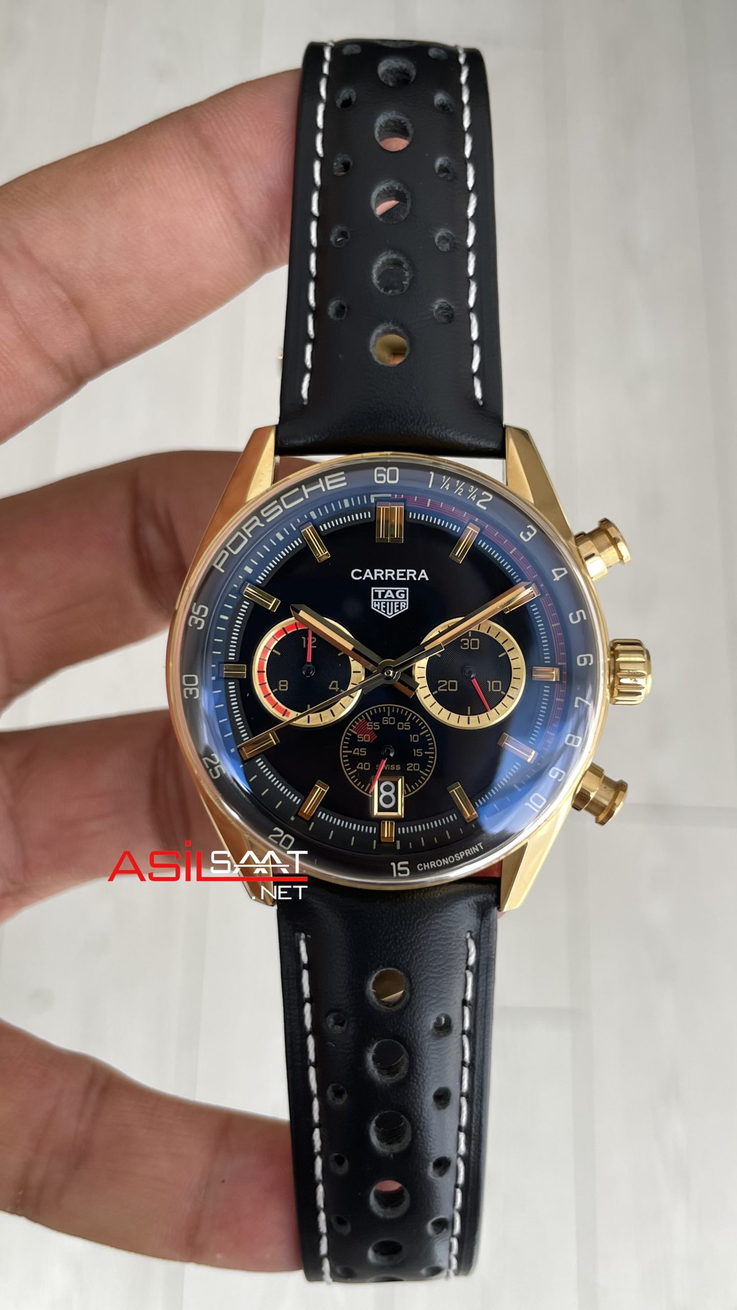 TAG Heuer Porsche Carrera Chronograph Gold Siyah Kadran 40mm Replika Saat TAG Heuer Porsche Carrera Chronograph Gold Siyah Kadran 40mm Replika Saat