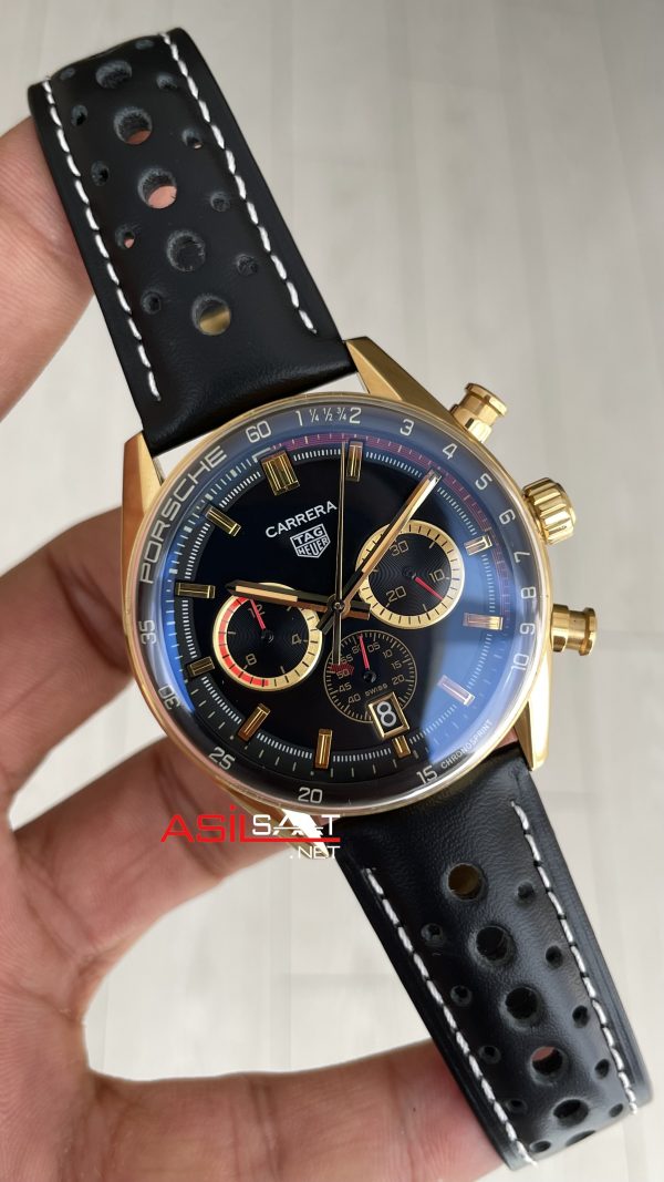 TAG Heuer Porsche Carrera Chronograph Gold Siyah Kadran 40mm Replika Saat TAG Heuer Porsche Carrera Chronograph Gold Siyah Kadran 40mm Replika Saat