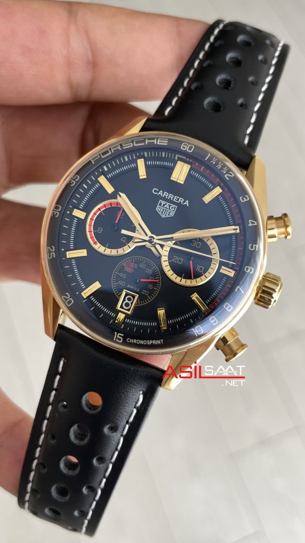 TAG Heuer Porsche Carrera Chronograph Gold Siyah Kadran 40mm Replika Saat TAG Heuer Porsche Carrera Chronograph Gold Siyah Kadran 40mm Replika Saat