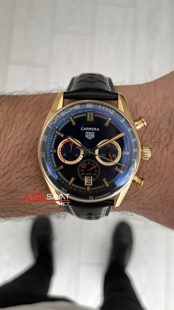 TAG Heuer Porsche Carrera Chronograph Gold Siyah Kadran 40mm Replika Saat TAG Heuer Porsche Carrera Chronograph Gold Siyah Kadran 40mm Replika Saat