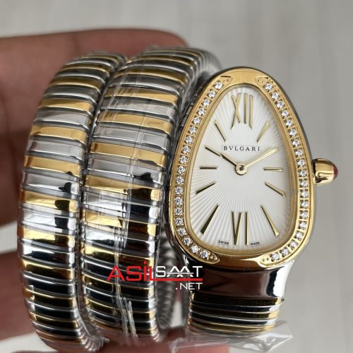 Bulgari Serpenti Tubogas Diamond Beyaz Kadran 103797 Silver Gold 35mm Üç Sarmalı Kadın Kol Saati