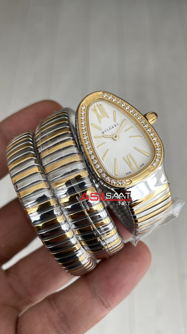 Bulgari Serpenti Tubogas Diamond Beyaz Kadran 103797 Silver Gold 35mm Üç Sarmalı Kadın Kol Saati