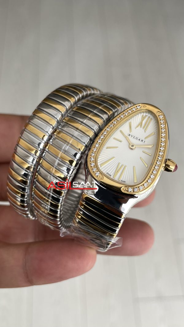 Bulgari Serpenti Tubogas Diamond Beyaz Kadran 103797 Silver Gold 35mm Üç Sarmalı Kadın Kol Saati