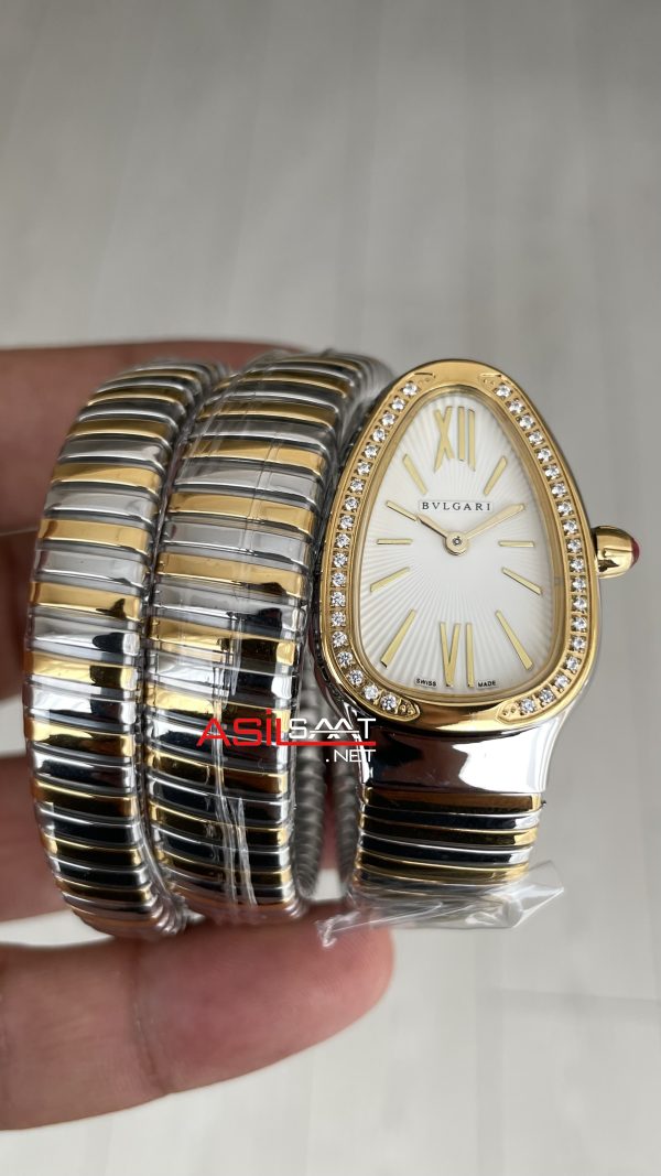 Bulgari Serpenti Tubogas Diamond Beyaz Kadran 103797 Silver Gold 35mm Üç Sarmalı Kadın Kol Saati