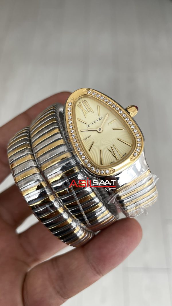 Bulgari Serpenti Tubogas Diamond Champagne Silver Gold 35mm Üç Sarmalı Kadın Kol Saati