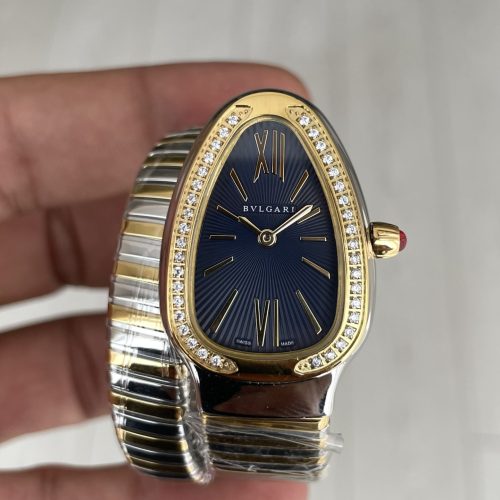 Bulgari Serpenti Tubogas Diamond Mavi Kadran Silver Gold 35mm Tek Sarmalı Kadın Kol Saati