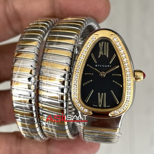 Bulgari Serpenti Tubogas Diamond Siyah Kadran 35mm Two Tone Gold Üç Sarmalı Kadın Kol Saati