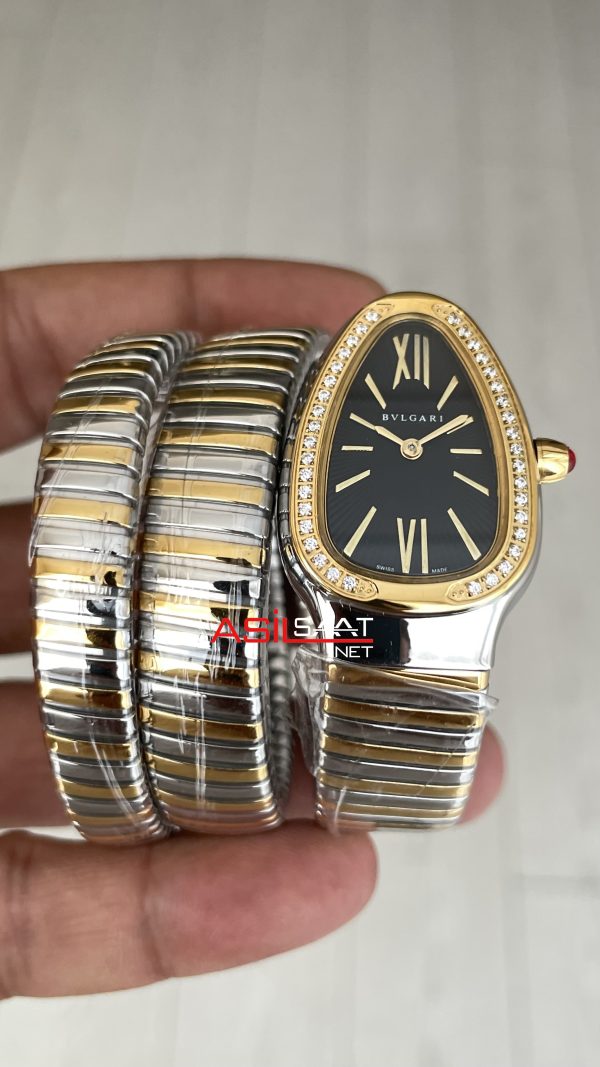 Bulgari Serpenti Tubogas Diamond Siyah Kadran 35mm Two Tone Gold Üç Sarmalı Kadın Kol Saati