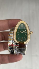 Bulgari Serpenti Tubogas Diamond Yeşil Kadran Silver Gold 35mm Tek Sarmalı Kadın Kol Saati