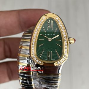Bulgari Serpenti Tubogas Diamond Yeşil Kadran Silver Gold 35mm Tek Sarmalı Kadın Kol Saati