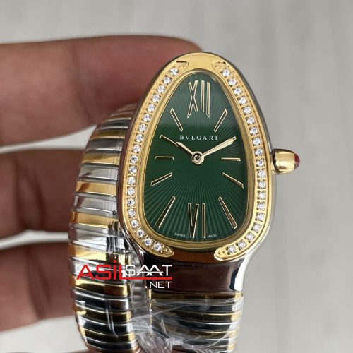 Bulgari Serpenti Tubogas Diamond Yeşil Kadran Silver Gold 35mm Tek Sarmalı Kadın Kol Saati