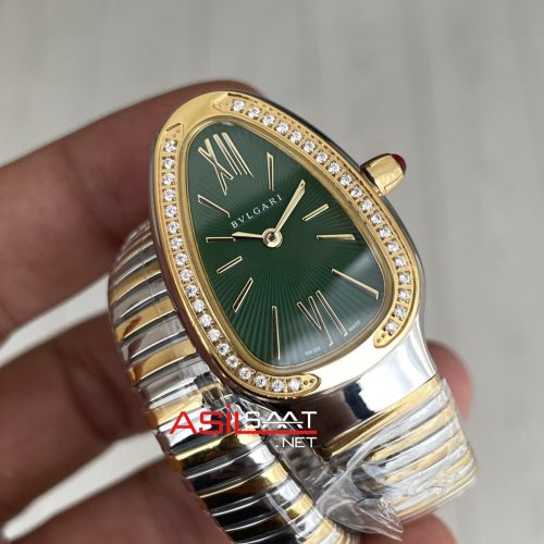 Bulgari Serpenti Tubogas Diamond Yeşil Kadran Silver Gold 35mm Tek Sarmalı Kadın Kol Saati