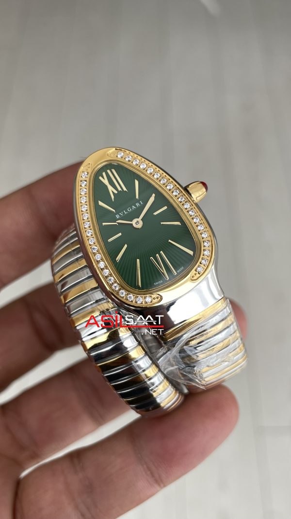 Bulgari Serpenti Tubogas Diamond Yeşil Kadran Silver Gold 35mm Tek Sarmalı Kadın Kol Saati