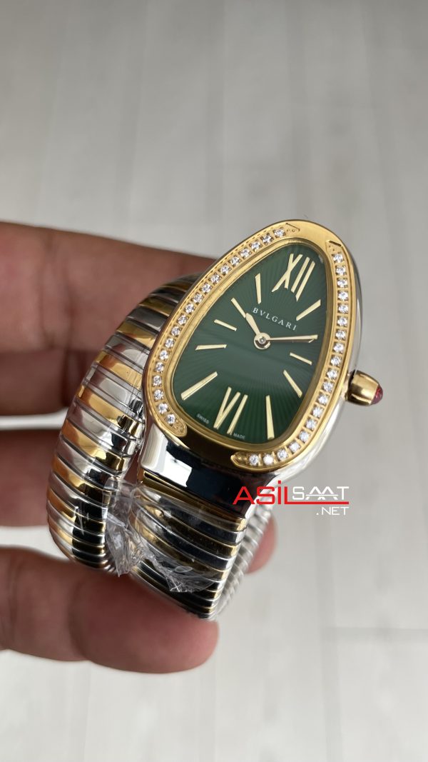 Bulgari Serpenti Tubogas Diamond Yeşil Kadran Silver Gold 35mm Tek Sarmalı Kadın Kol Saati