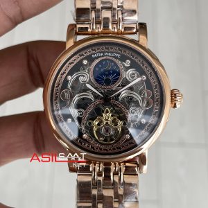 Patek Philippe Geneve Tourbillon Moonphase Skeleton Rosegold 42mm Replika Saat