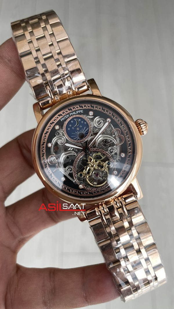 Patek Philippe Geneve Tourbillon Moonphase Skeleton Rosegold 42mm Replika Saat