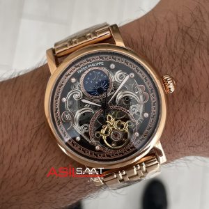 Patek Philippe Geneve Tourbillon Moonphase Skeleton Rosegold 42mm Replika Saat