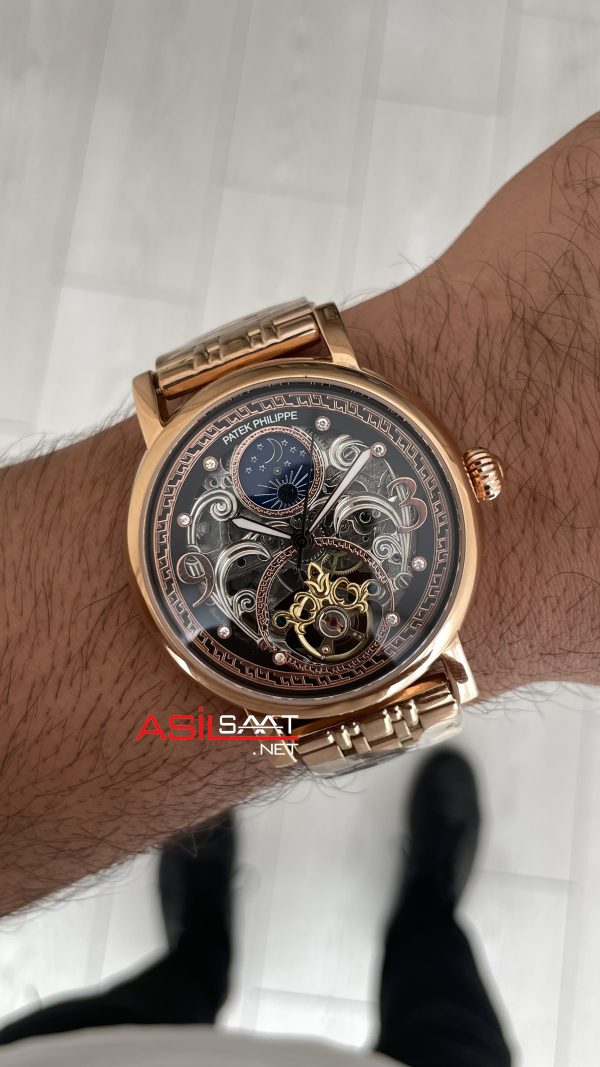 Patek Philippe Geneve Tourbillon Moonphase Skeleton Rosegold 42mm Replika Saat