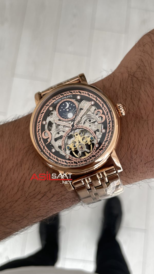 Patek Philippe Geneve Tourbillon Moonphase Skeleton Rosegold 42mm Replika Saat