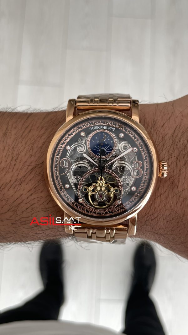 Patek Philippe Geneve Tourbillon Moonphase Skeleton Rosegold 42mm Replika Saat