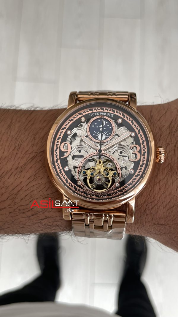 Patek Philippe Geneve Tourbillon Moonphase Skeleton Rosegold 42mm Replika Saat
