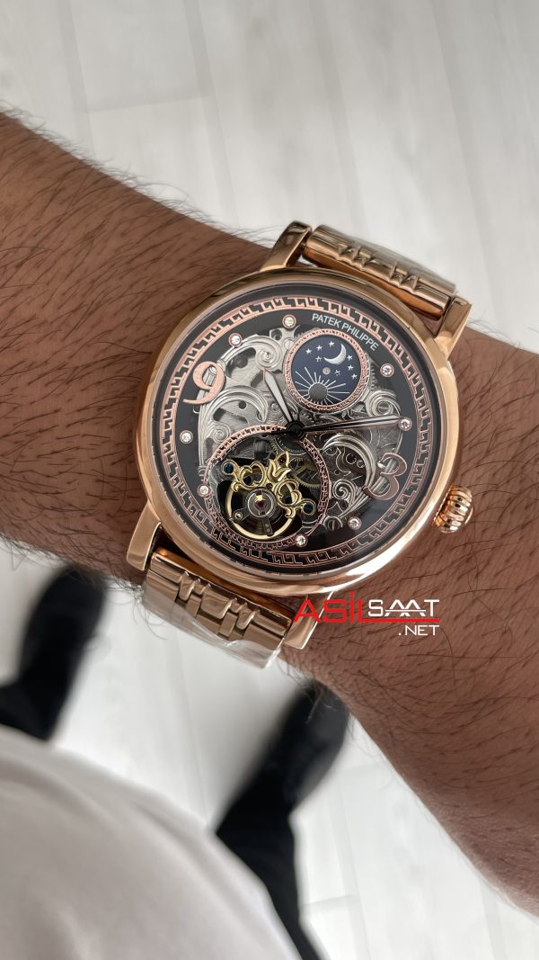 Patek Philippe Geneve Tourbillon Moonphase Skeleton Rosegold 42mm Replika Saat