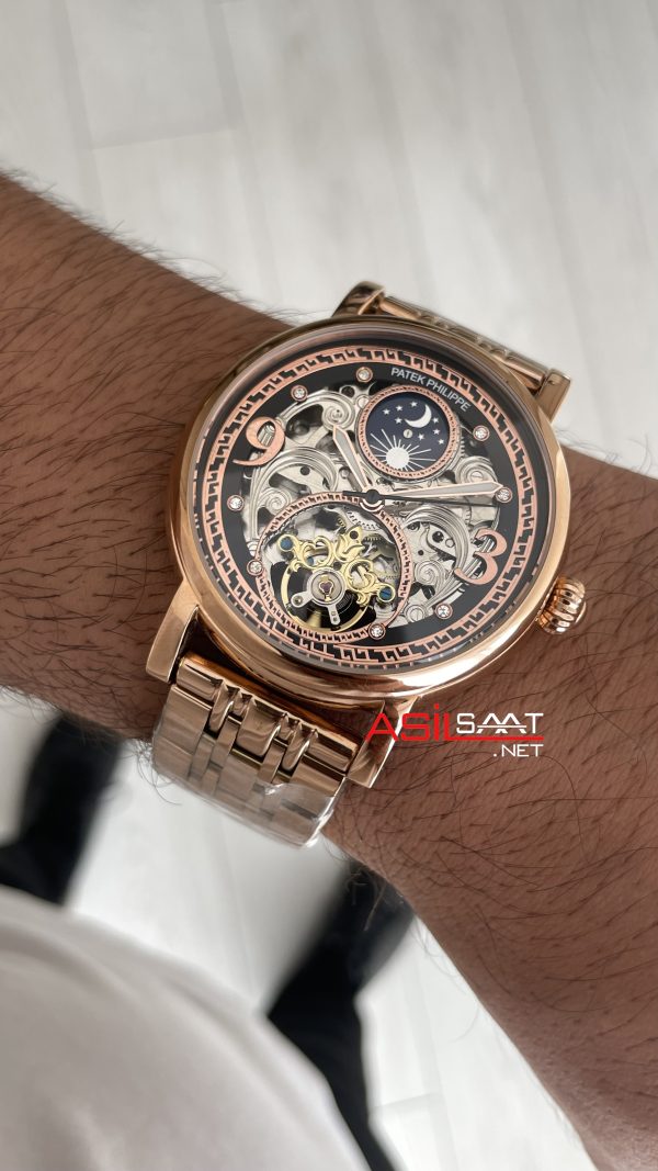 Patek Philippe Geneve Tourbillon Moonphase Skeleton Rosegold 42mm Replika Saat