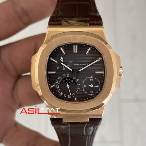 Patek Philippe Nautilus 5712 Moonphase Power Reserve Kahverengi 40mm Rosegold Brown Leather Strap PPF Factory Super Clone Swiss ETA Saat