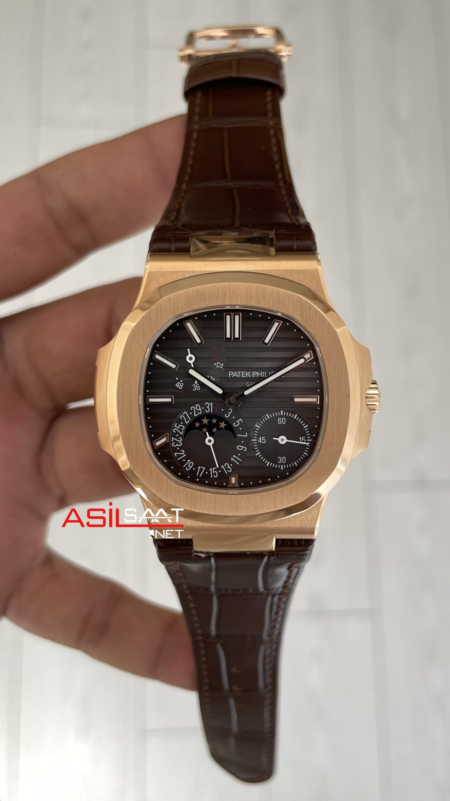 Patek Philippe Nautilus 5712 Moonphase Power Reserve Kahverengi 40mm Rosegold Brown Leather Strap PPF Factory Super Clone Swiss ETA Saat