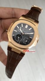 Patek Philippe Nautilus 5712 Moonphase Power Reserve Kahverengi 40mm Rosegold Brown Leather Strap PPF Factory Super Clone Swiss ETA Saat