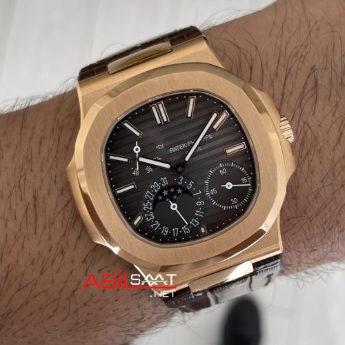 Patek Philippe Nautilus 5712 Moonphase Power Reserve Kahverengi 40mm Rosegold Brown Leather Strap PPF Factory Super Clone Swiss ETA Saat