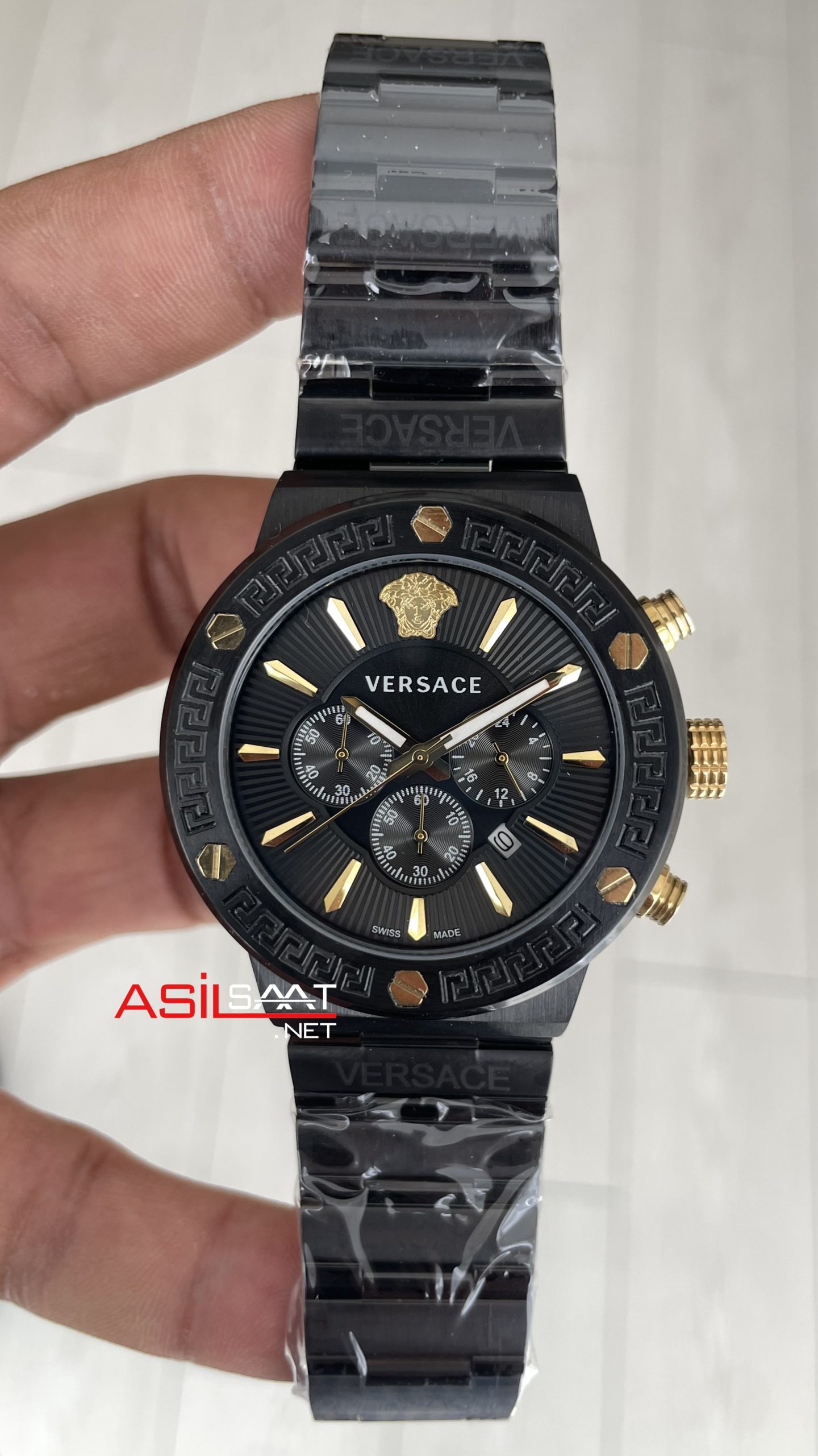 Versace Greca Black PVD Chronograph Siyah Kadran 43mm Replika Saat Versace Greca Black PVD Chronograph Siyah Kadran 43mm Replika Saat