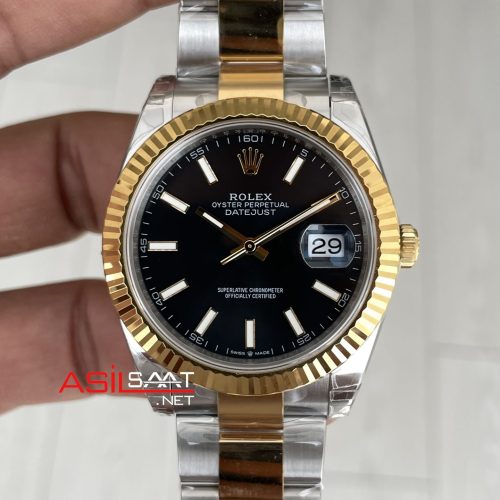 Rolex Datejust Siyah 126334 Oyster 41mm Two Tone Gold VS Factory V2 | Tungsten 18K | DD3235 | High Weight | Super Clone Swiss ETA Saat