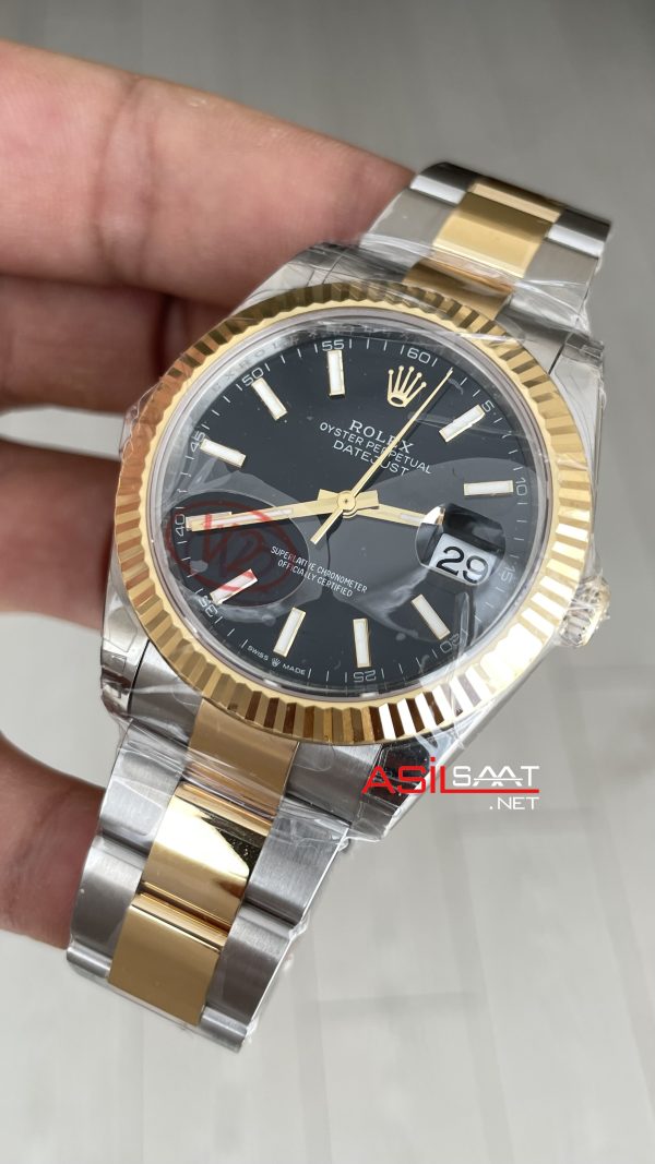 Rolex Datejust Siyah 126334 Oyster 41mm Two Tone Gold VS Factory V2 | Tungsten 18K | DD3235 | High Weight | Super Clone Swiss ETA Saat